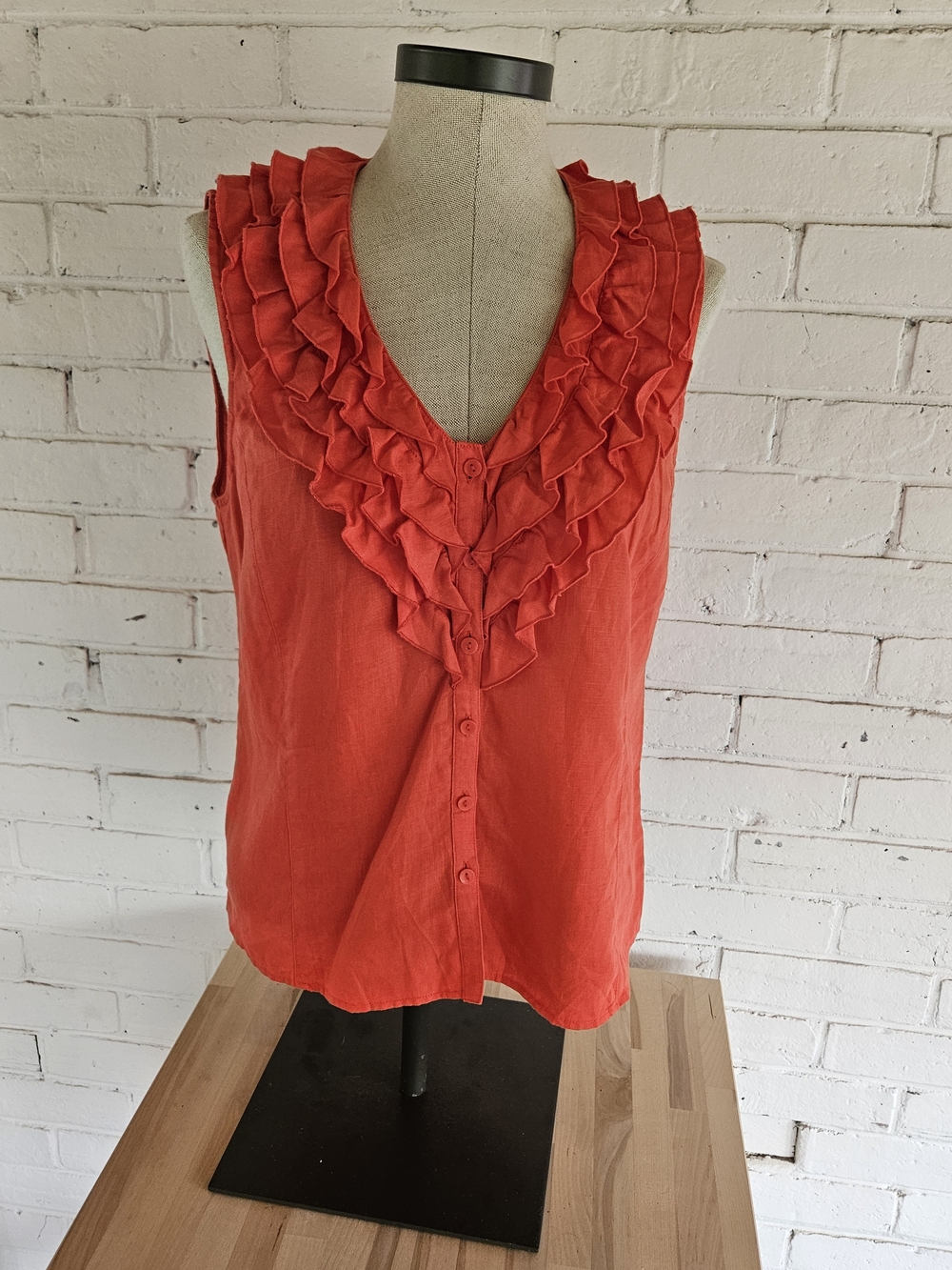 Jones New York 100% Linen Sleeveless Ruffle V-Neck Blouse - Salmon